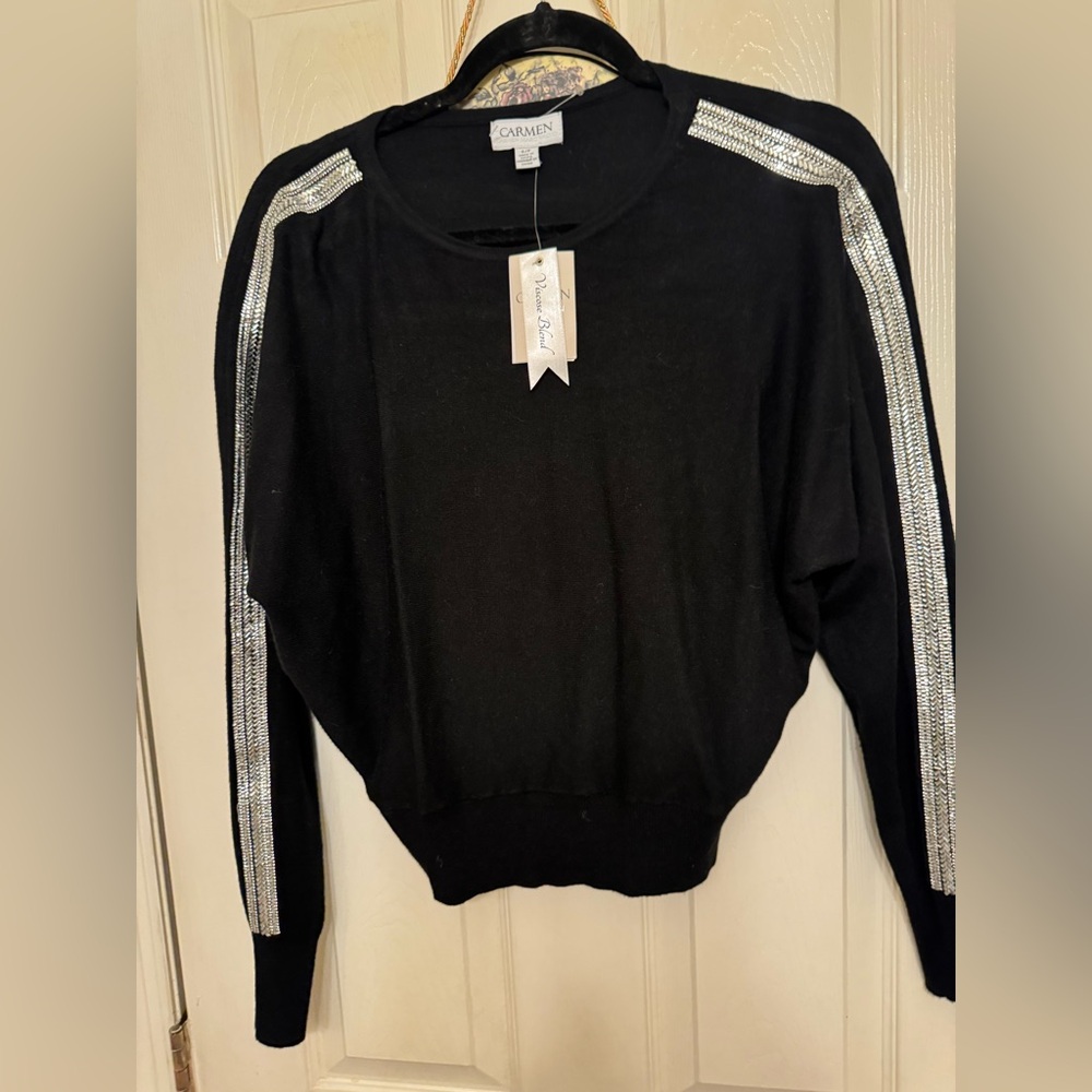 Carmen Marc Valvo Black Sweater with Silver Details